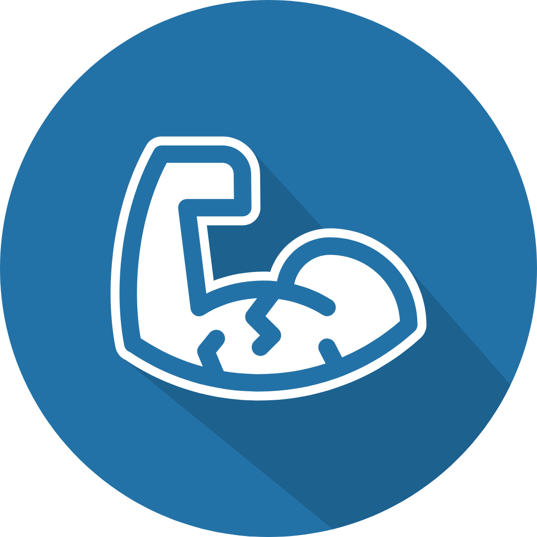 Muscled arm icon with blue background